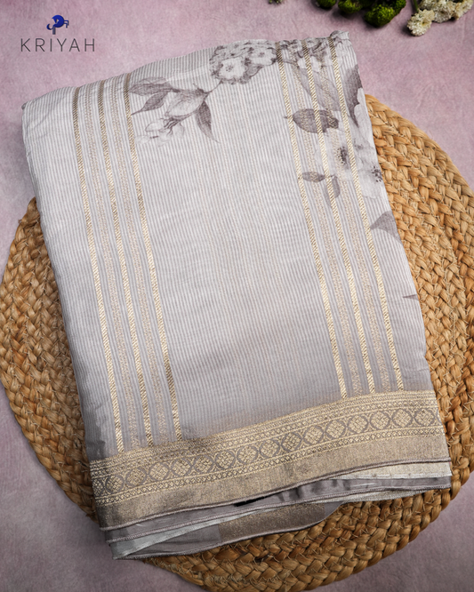 FLORAL PRINTED CREPE SAREE - TAUPE