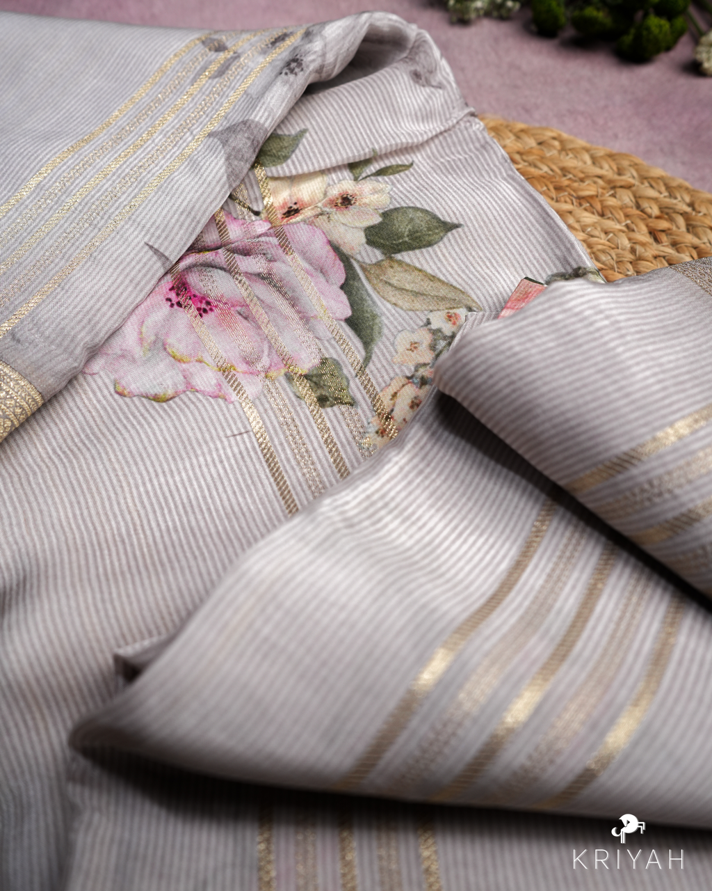 FLORAL PRINTED CREPE SAREE - TAUPE