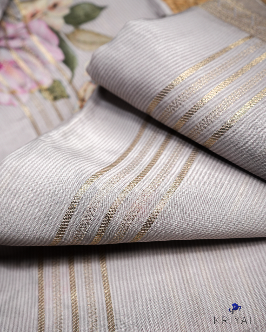 FLORAL PRINTED CREPE SAREE - TAUPE