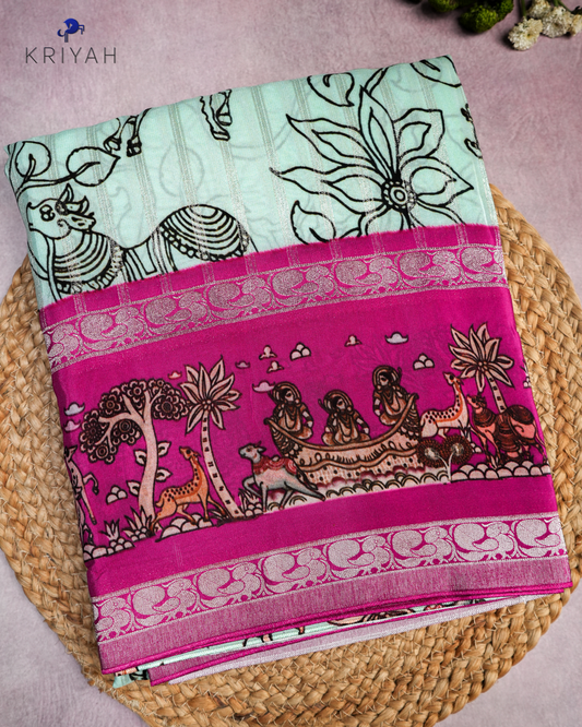 PRINTED CREPE SAREE - MINT WITH MAGENTA BORDER
