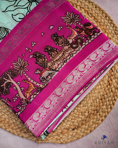 PRINTED CREPE SAREE - MINT WITH MAGENTA BORDER