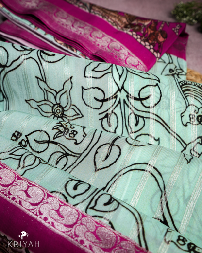 PRINTED CREPE SAREE - MINT WITH MAGENTA BORDER