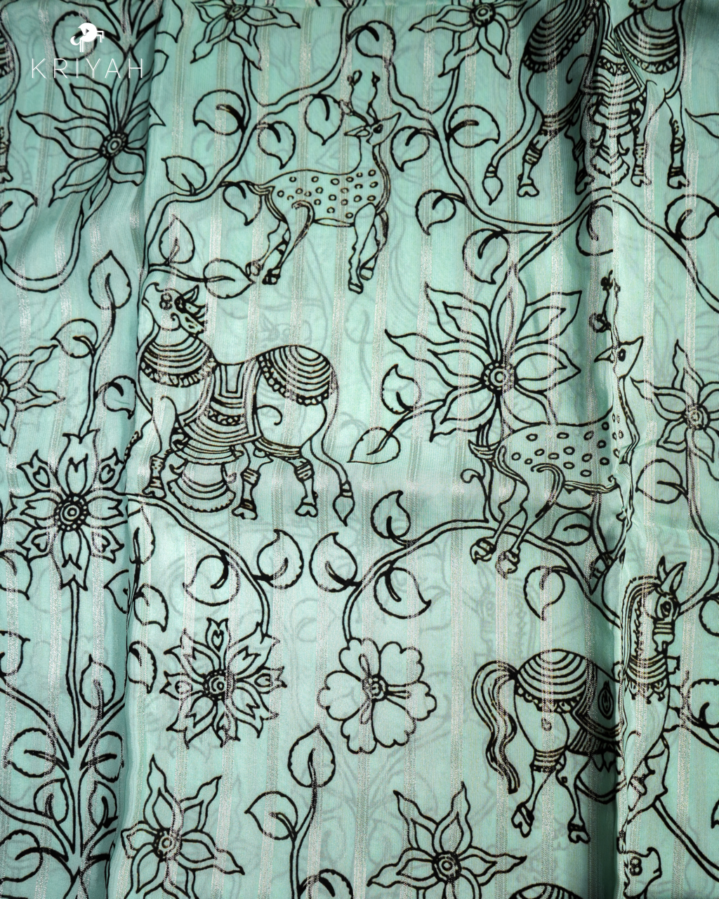 PRINTED CREPE SAREE - MINT WITH MAGENTA BORDER