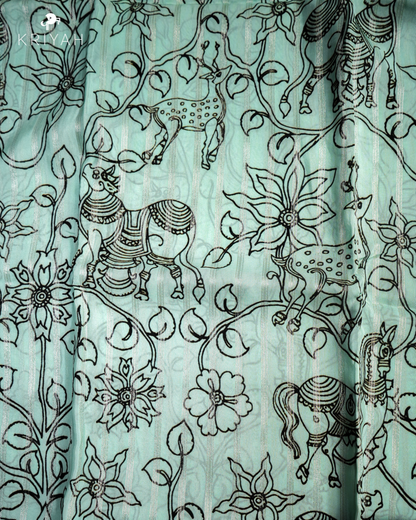 PRINTED CREPE SAREE - MINT WITH MAGENTA BORDER