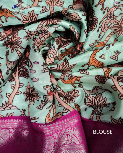 PRINTED CREPE SAREE - MINT WITH MAGENTA BORDER