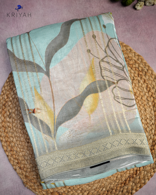 ABSTRACT PRINTED CREPE SAREE - AQUA GREEN