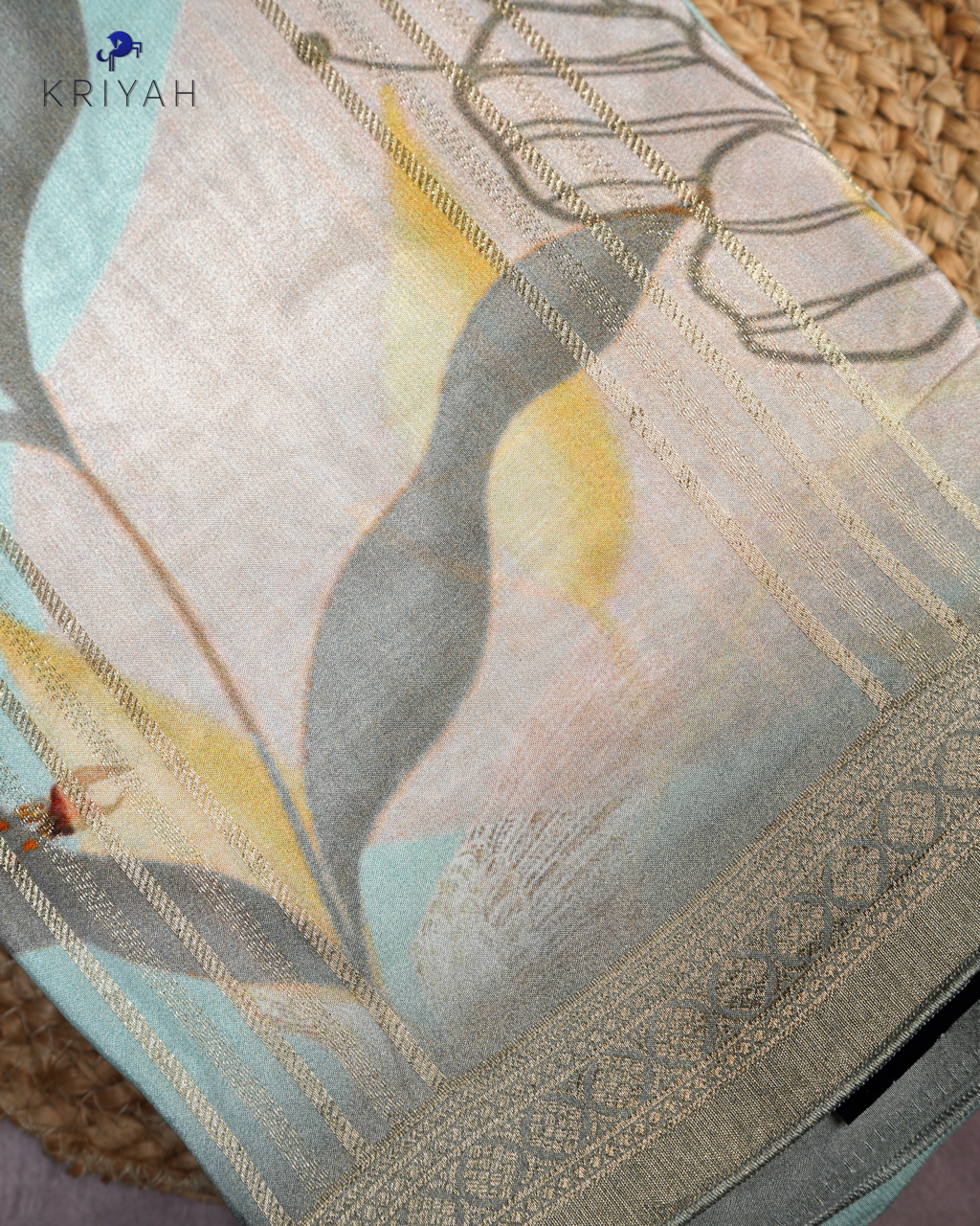ABSTRACT PRINTED CREPE SAREE - AQUA GREEN
