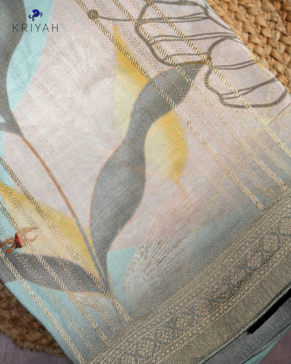 ABSTRACT PRINTED CREPE SAREE - AQUA GREEN