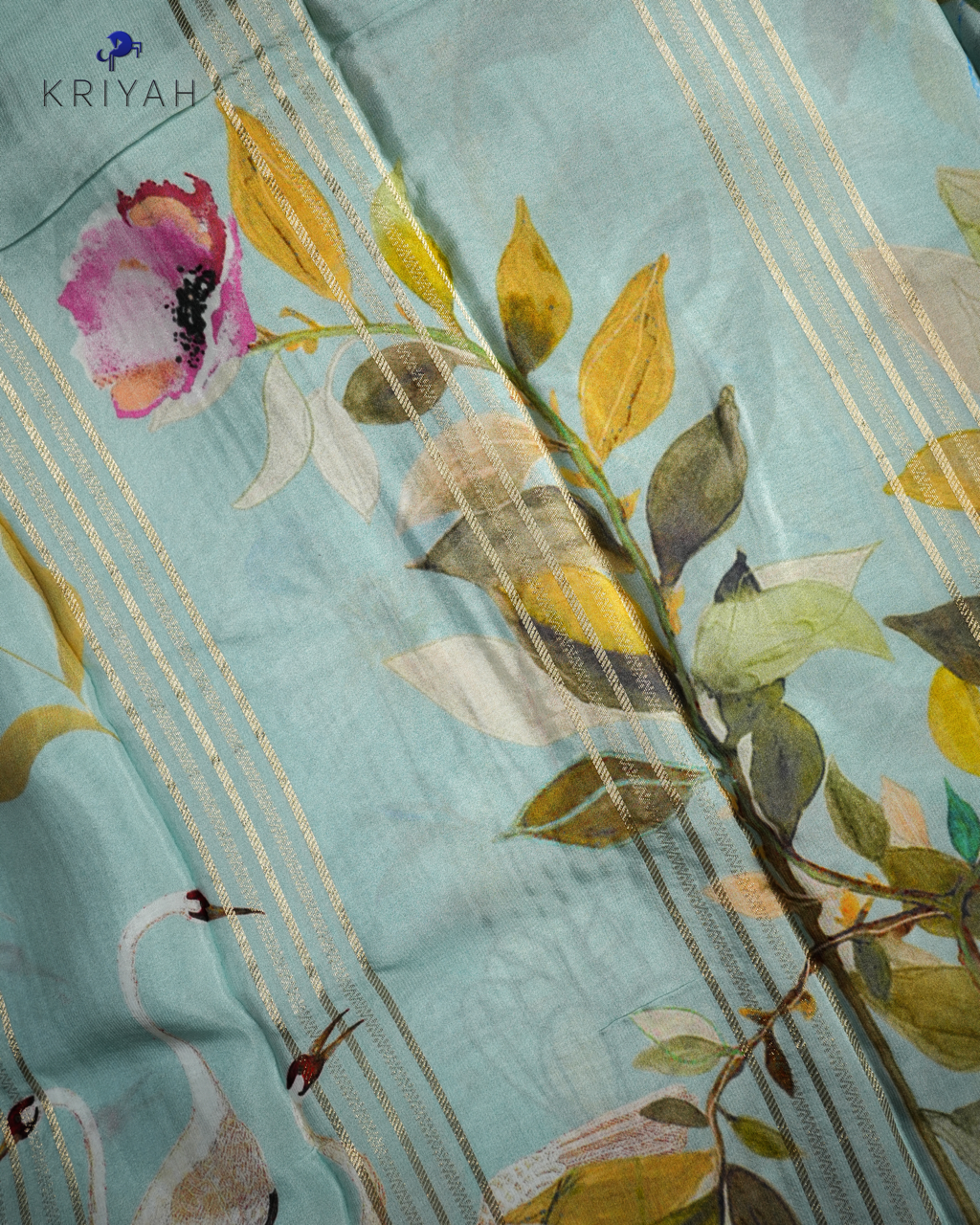 ABSTRACT PRINTED CREPE SAREE - AQUA GREEN