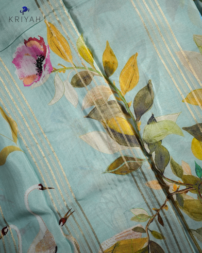 ABSTRACT PRINTED CREPE SAREE - AQUA GREEN