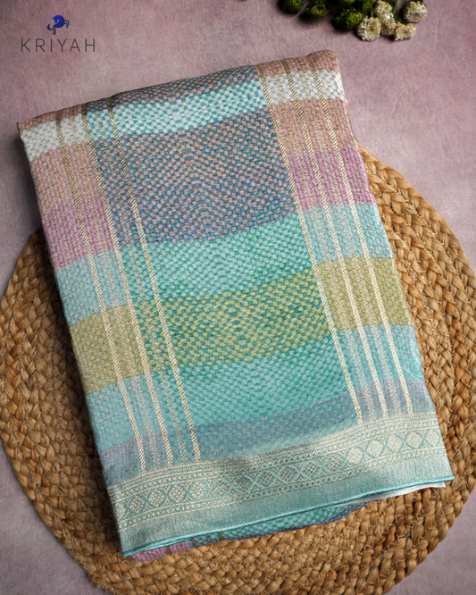 CHECKS PRINTED CREPE SAREE - BLUE