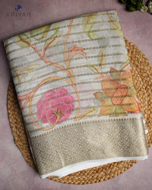 IVORY FLORAL ZARI CREPE SAREE