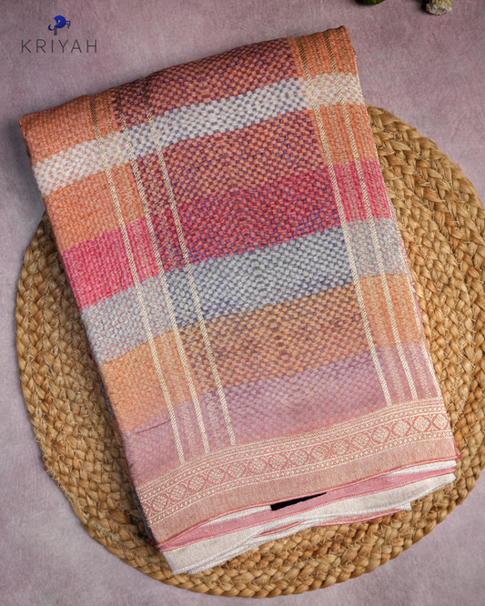 CHECKS PRINTED CREPE SAREE - RUST