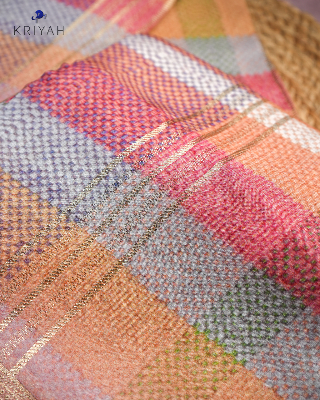 CHECKS PRINTED CREPE SAREE - RUST