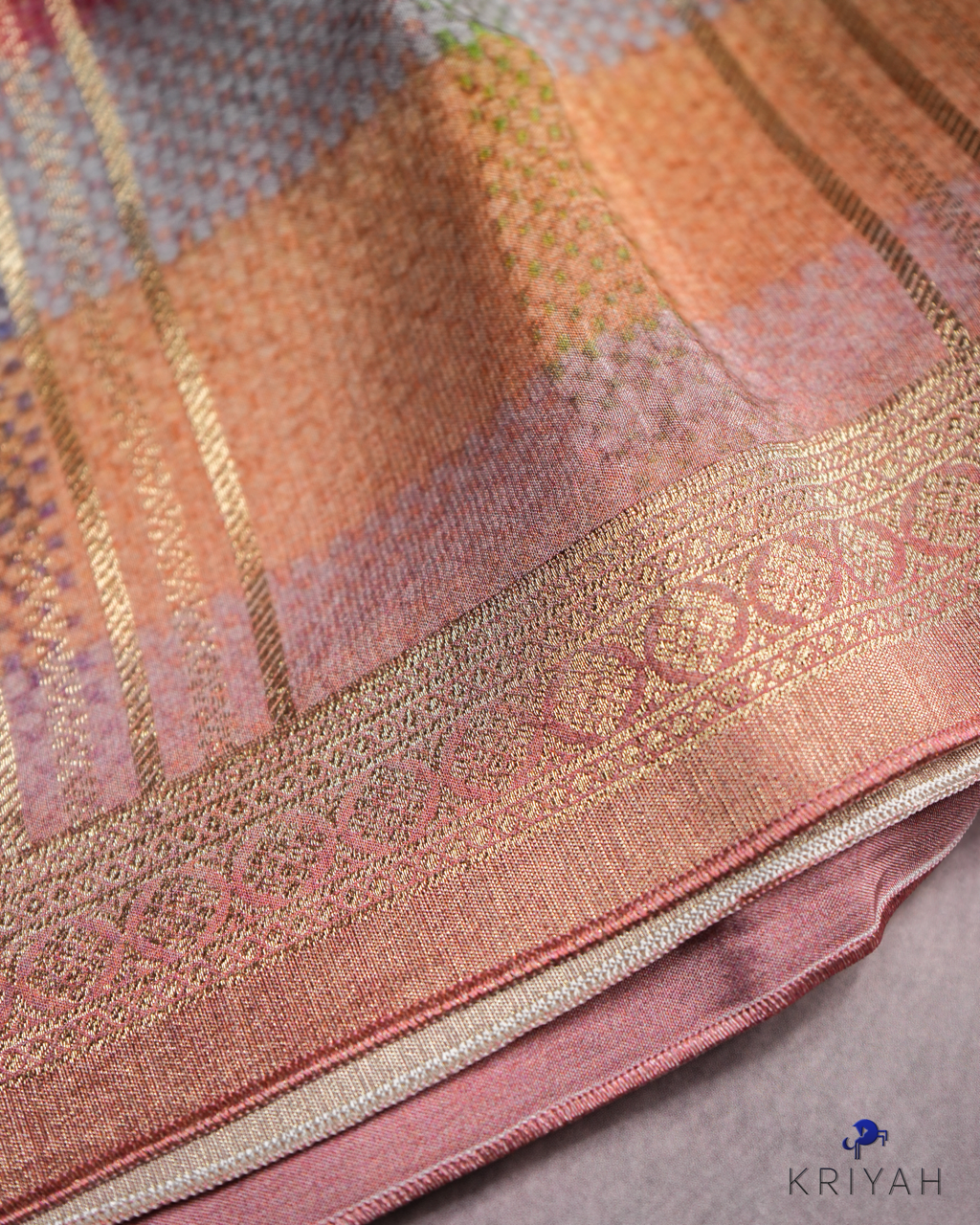 CHECKS PRINTED CREPE SAREE - RUST