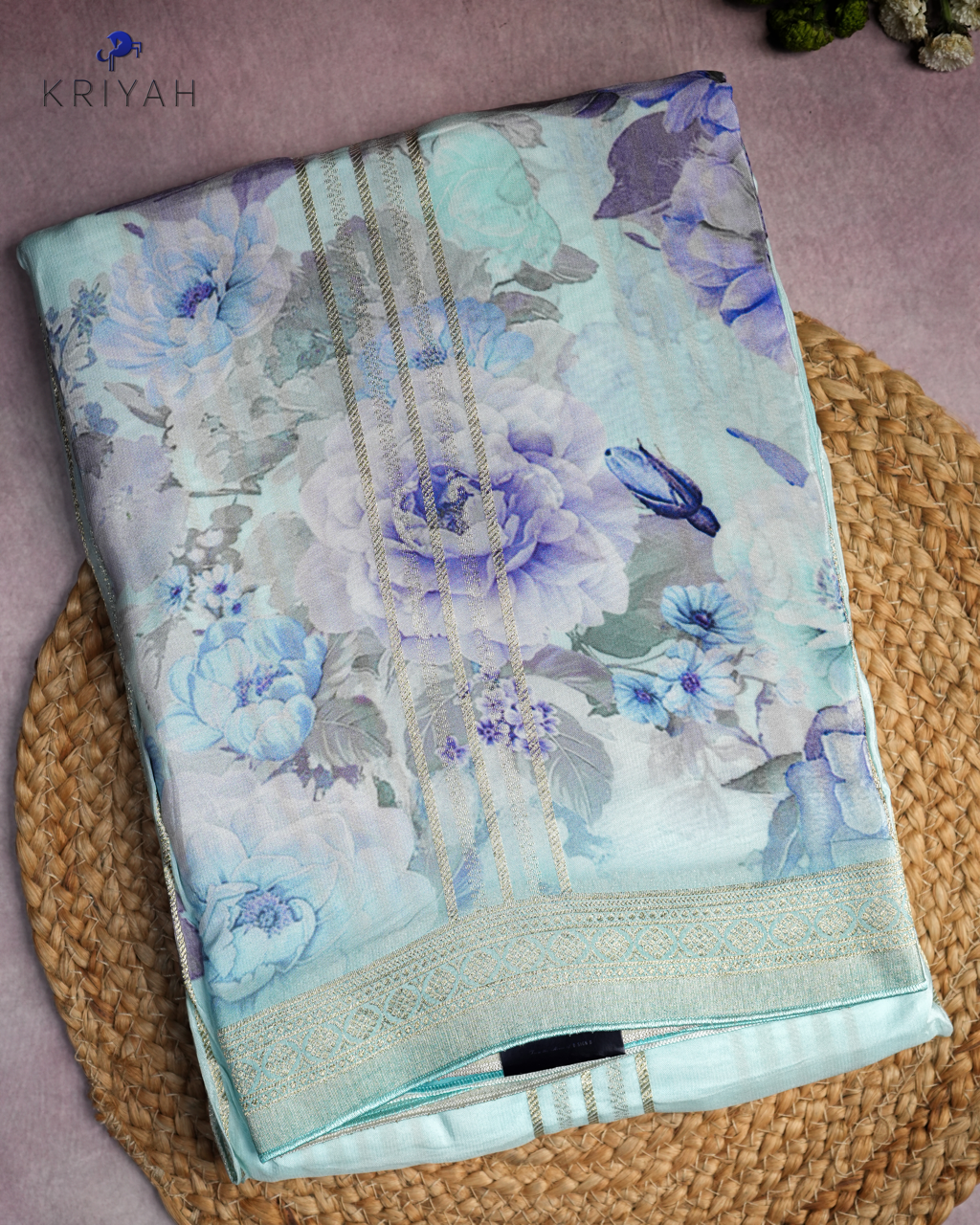 FLORAL PRINTED CREPE SAREE - LIGHT BLUE
