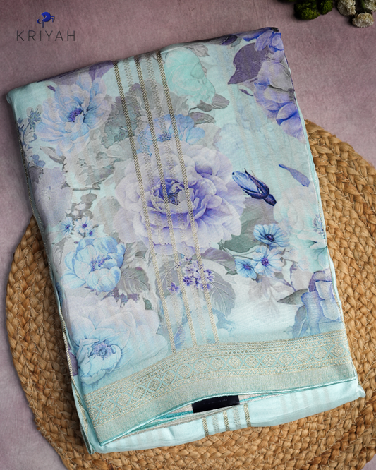 FLORAL PRINTED CREPE SAREE - LIGHT BLUE