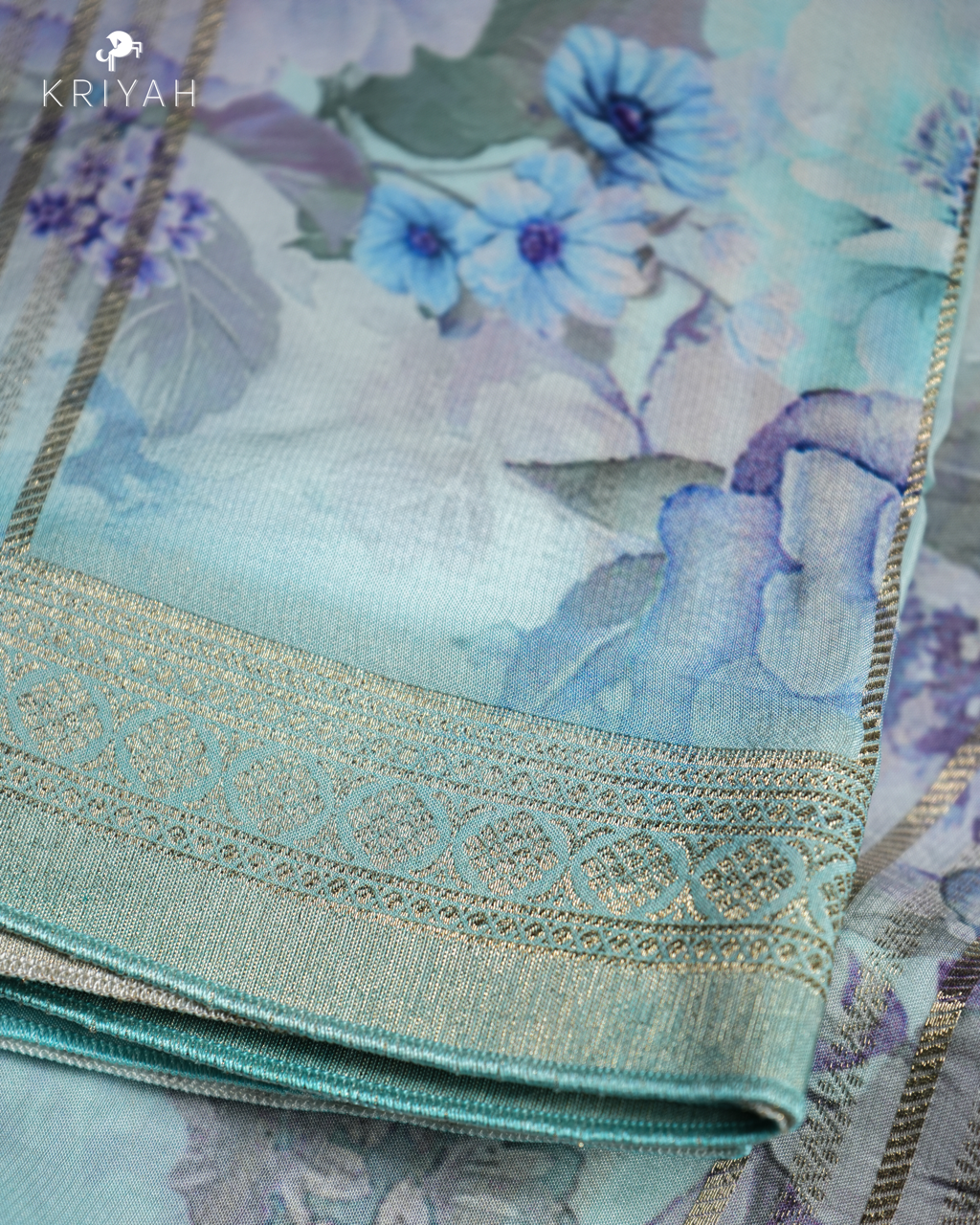 FLORAL PRINTED CREPE SAREE - LIGHT BLUE