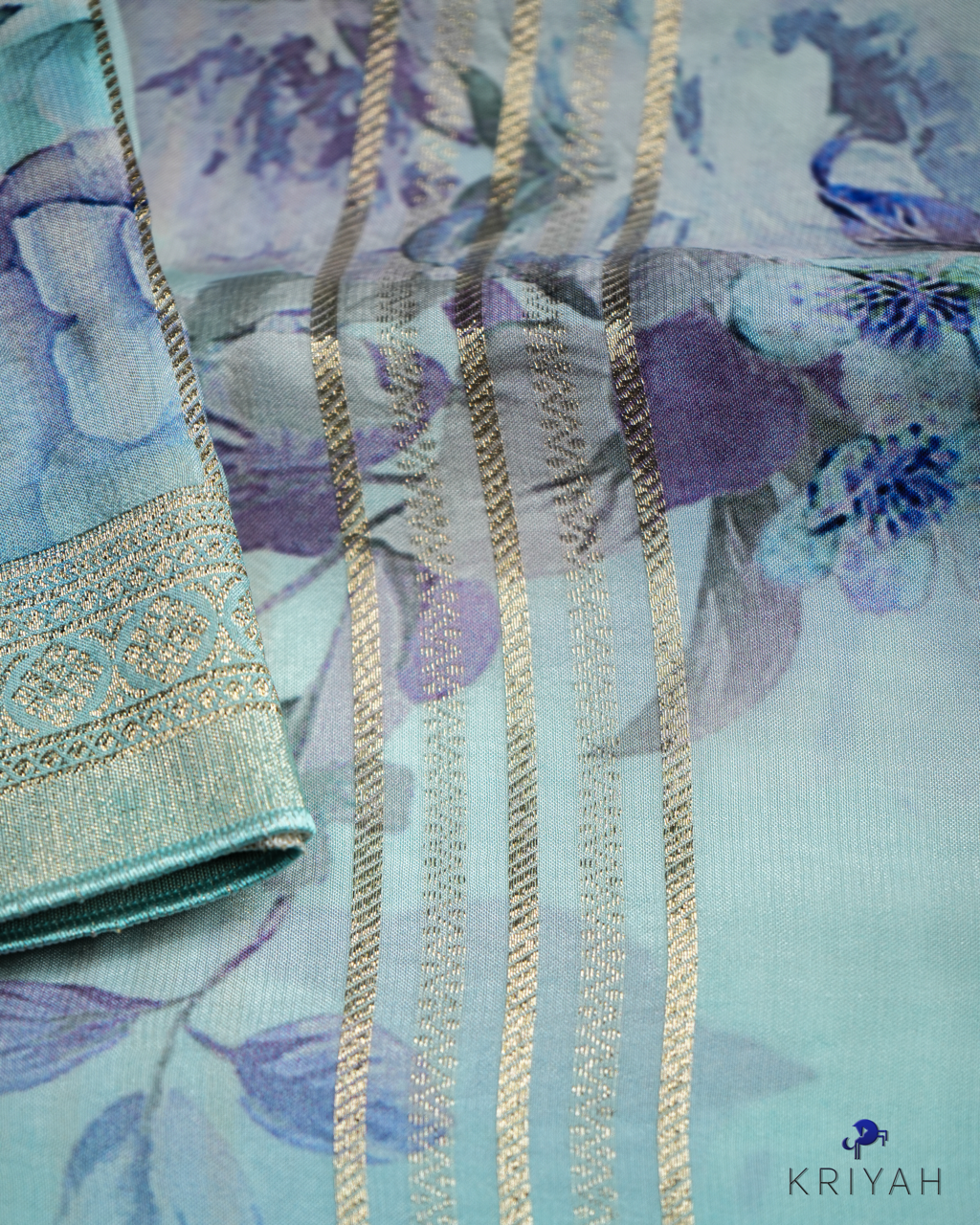 FLORAL PRINTED CREPE SAREE - LIGHT BLUE