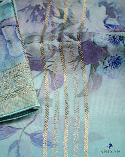 FLORAL PRINTED CREPE SAREE - LIGHT BLUE