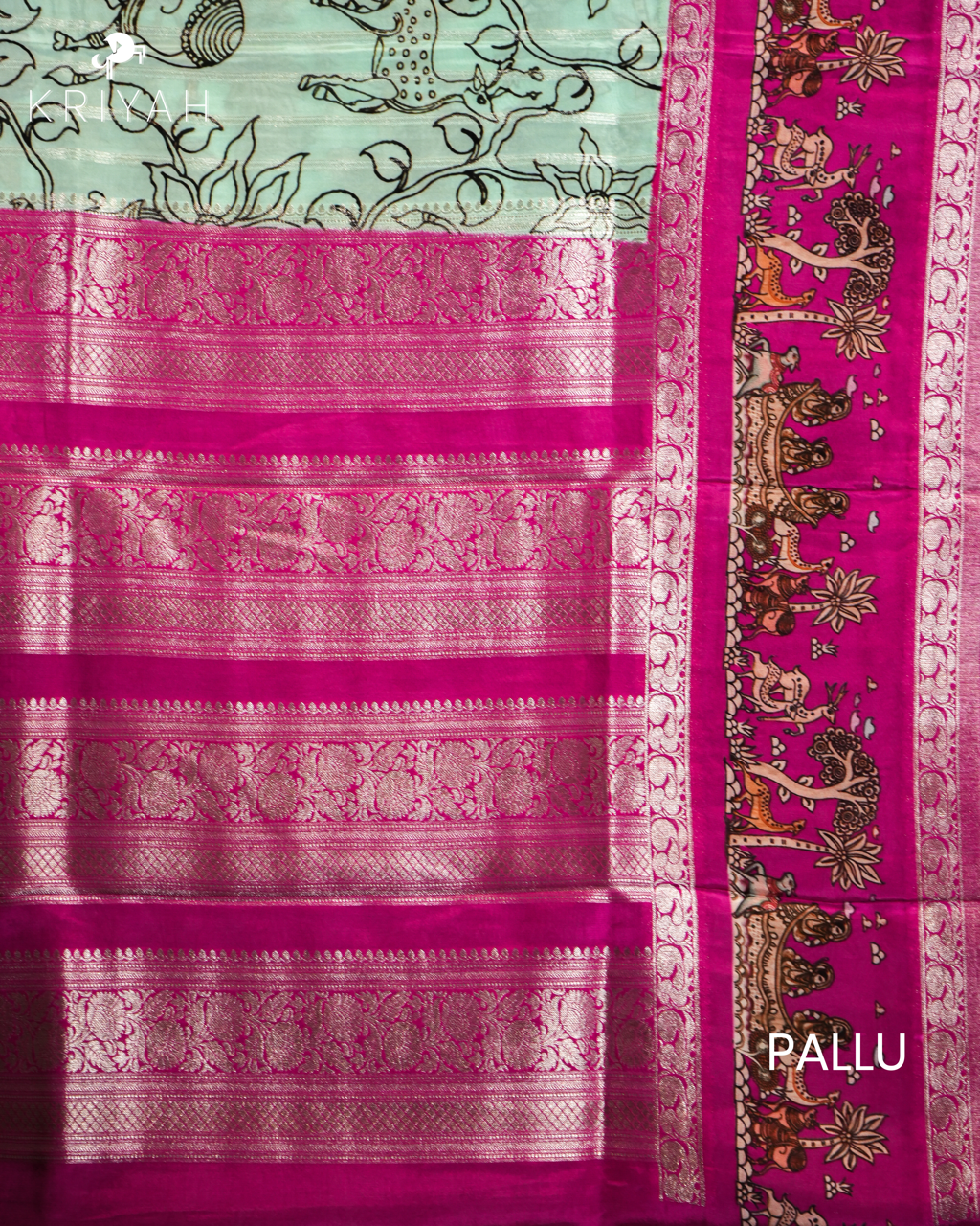 PRINTED CREPE SAREE - MINT WITH MAGENTA BORDER