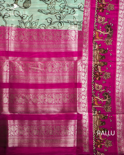 PRINTED CREPE SAREE - MINT WITH MAGENTA BORDER