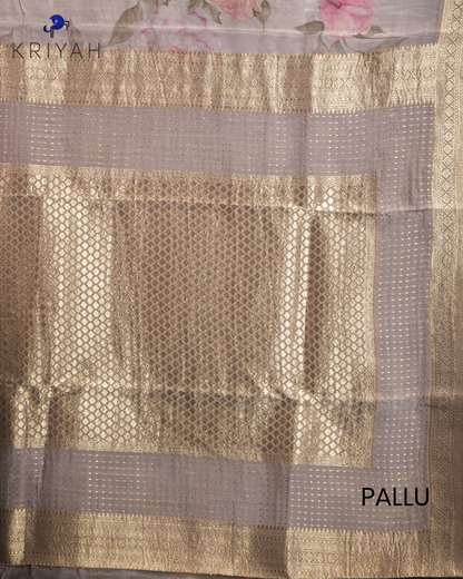 FLORAL PRINTED CREPE SAREE - TAUPE
