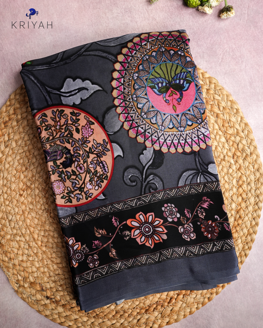 PRINTED CREPE SAREE - ASH WITH FLORAL MOTIFS