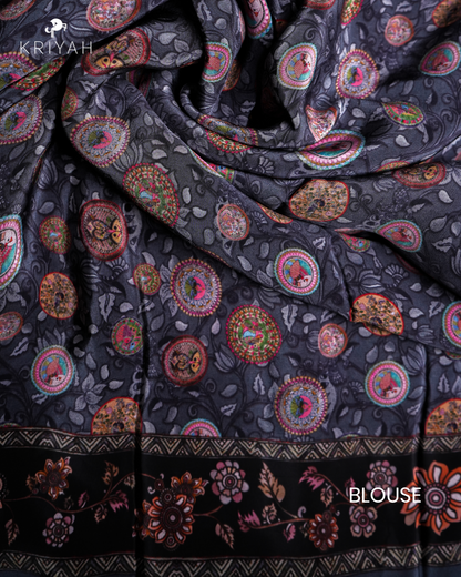 PRINTED CREPE SAREE - ASH WITH FLORAL MOTIFS