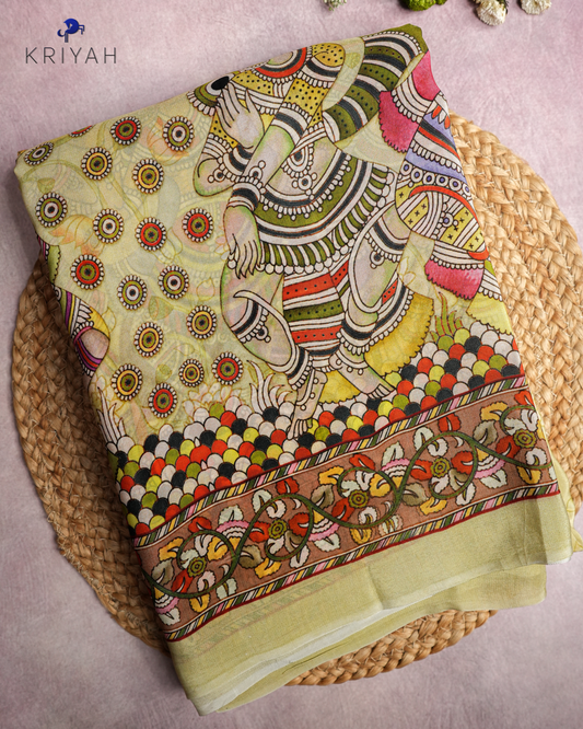 DIGITAL KALAMKARI PRINTED CREPE SAREE - LIME