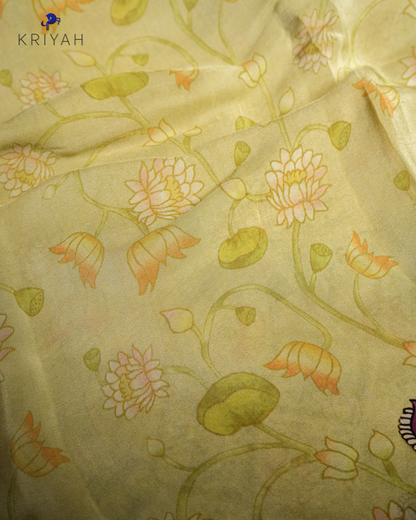 DIGITAL KALAMKARI PRINTED CREPE SAREE - LIME