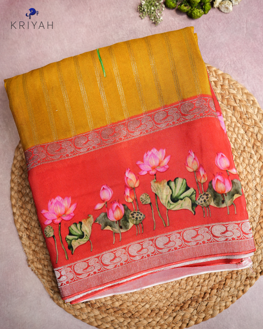 LOTUS PRINTED CREPE SAREE - MUSTARD YELLOW