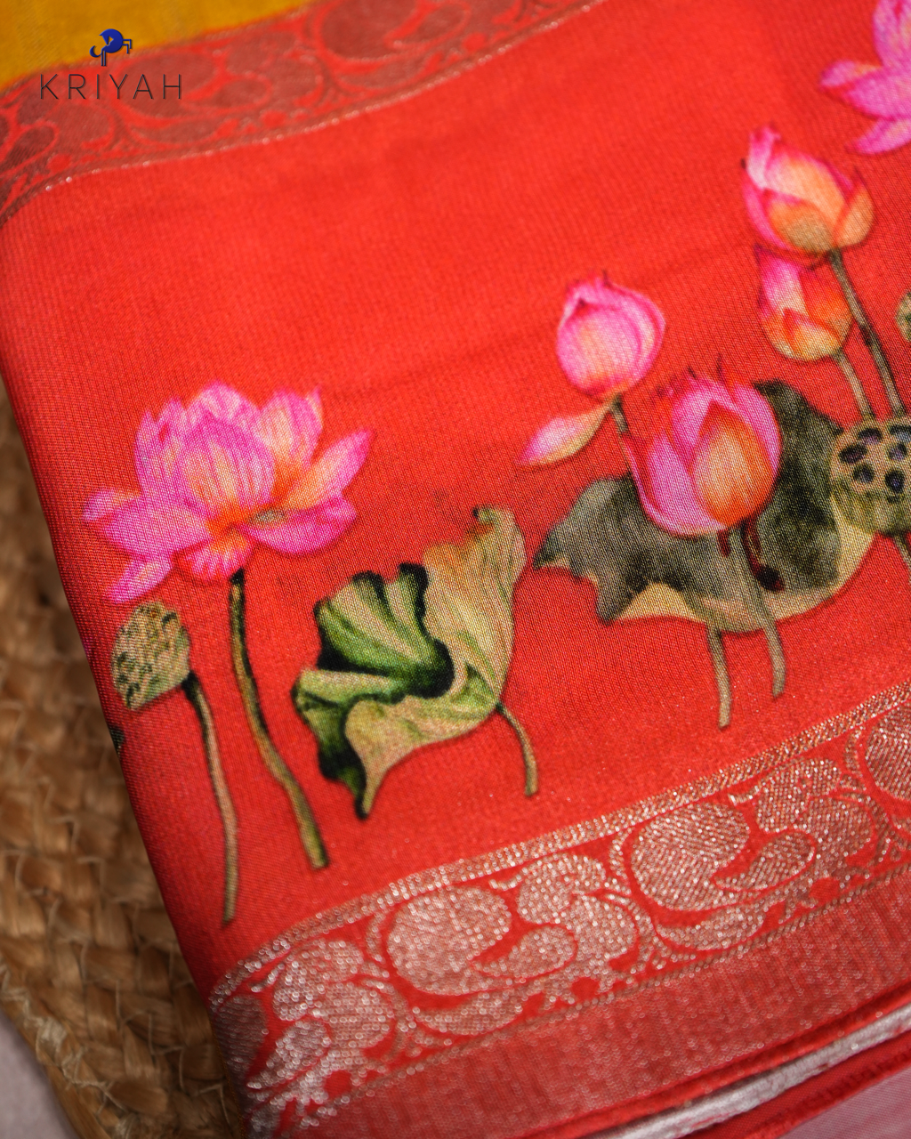 LOTUS PRINTED CREPE SAREE - MUSTARD YELLOW
