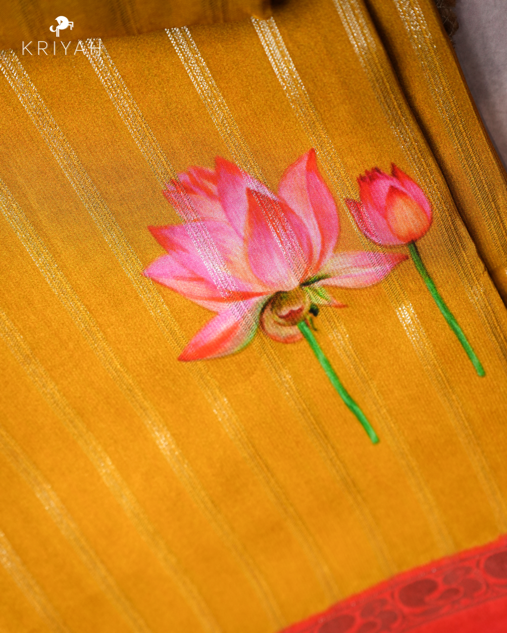 LOTUS PRINTED CREPE SAREE - MUSTARD YELLOW