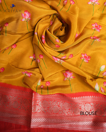 LOTUS PRINTED CREPE SAREE - MUSTARD YELLOW