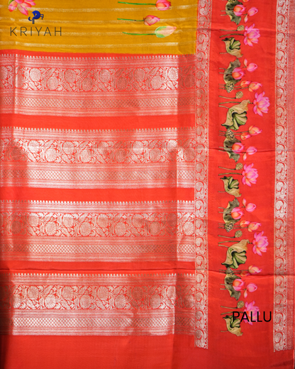 LOTUS PRINTED CREPE SAREE - MUSTARD YELLOW