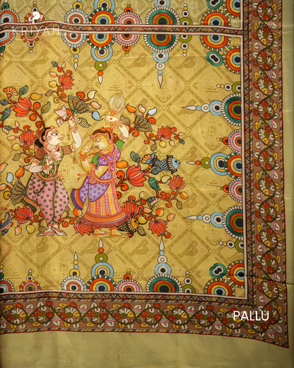 DIGITAL KALAMKARI PRINTED CREPE SAREE - LIME