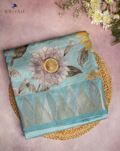 AQUA BLUE CHANDERI SILK SAREE WITH DAISY PRINT