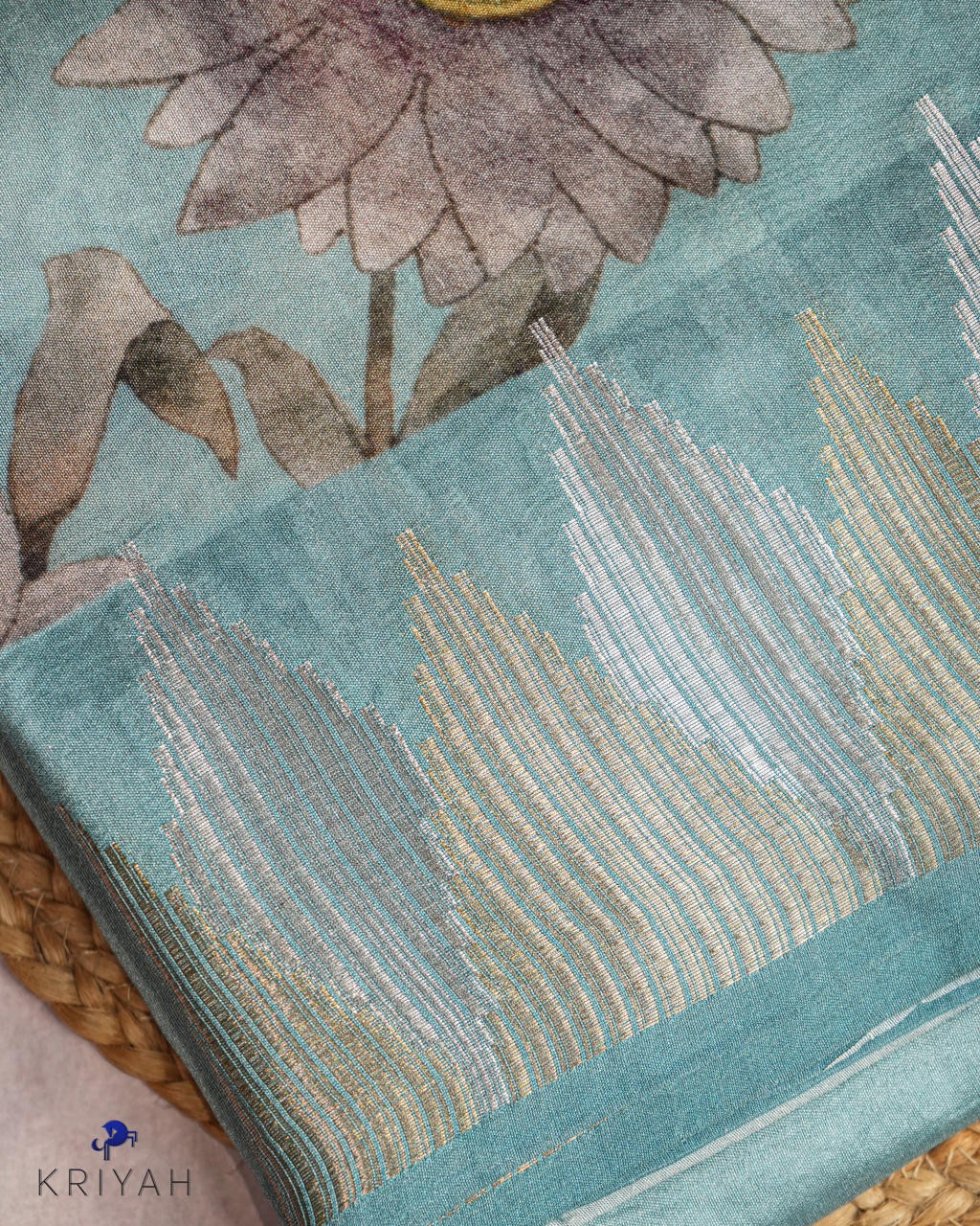 AQUA BLUE CHANDERI SILK SAREE WITH DAISY PRINT