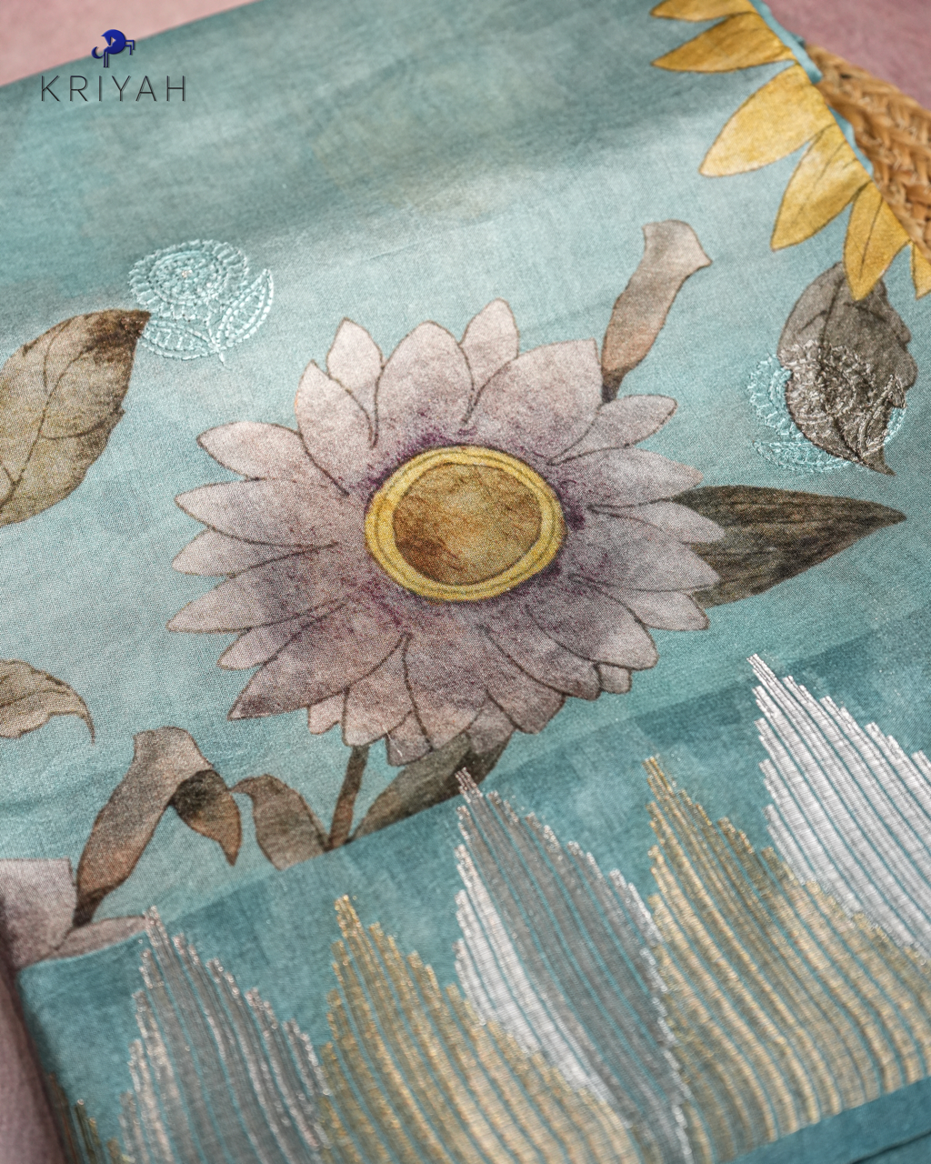 AQUA BLUE CHANDERI SILK SAREE WITH DAISY PRINT