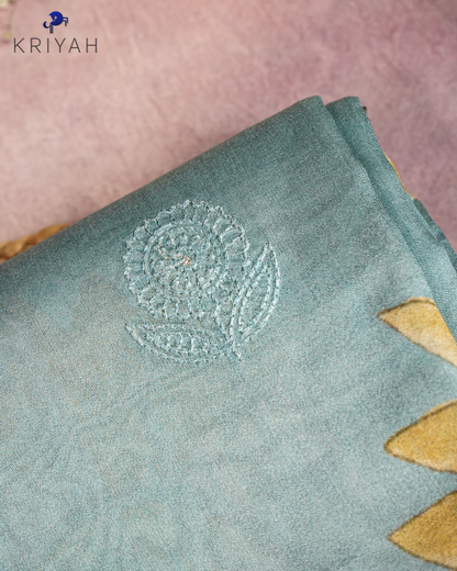 AQUA BLUE CHANDERI SILK SAREE WITH DAISY PRINT