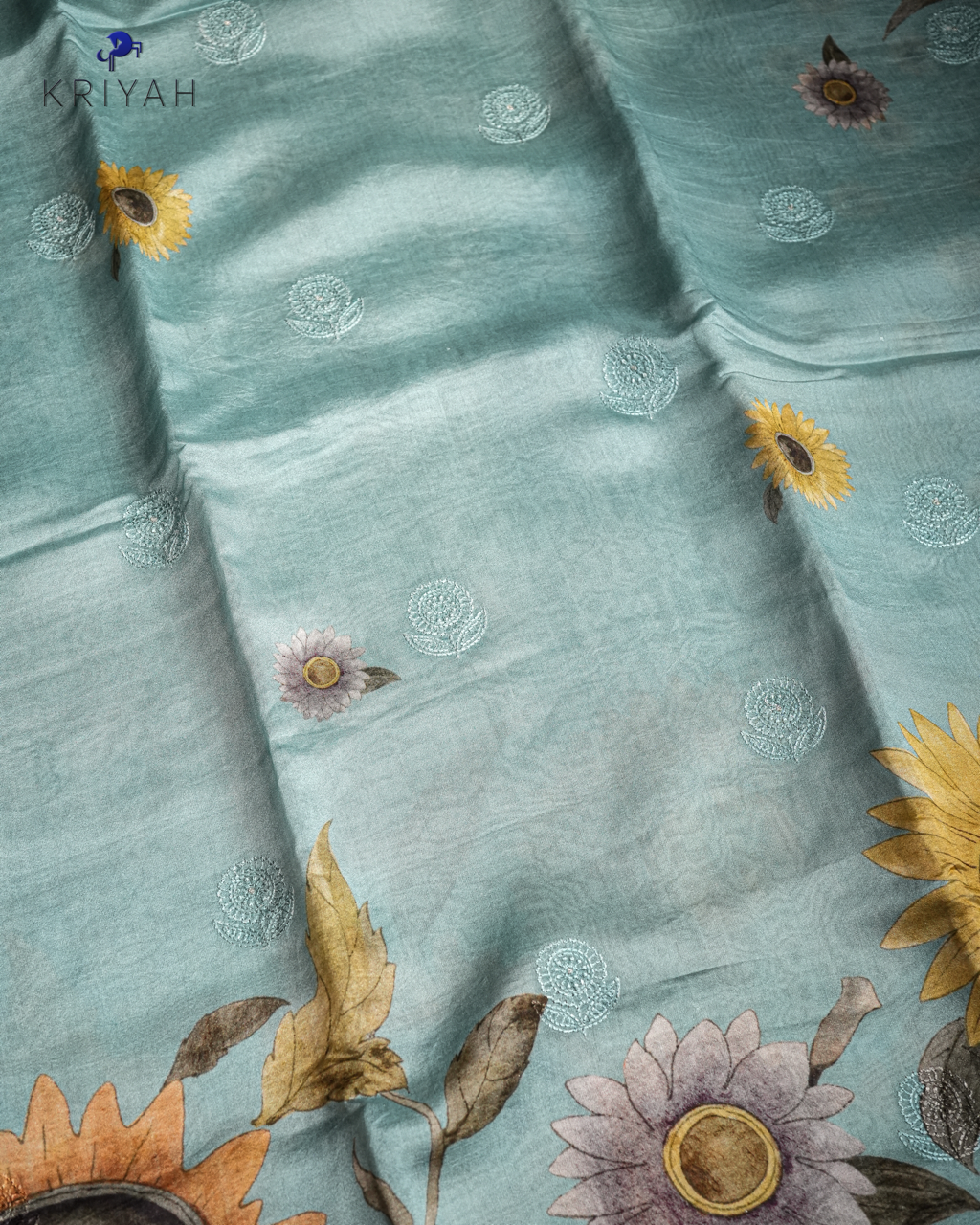 AQUA BLUE CHANDERI SILK SAREE WITH DAISY PRINT