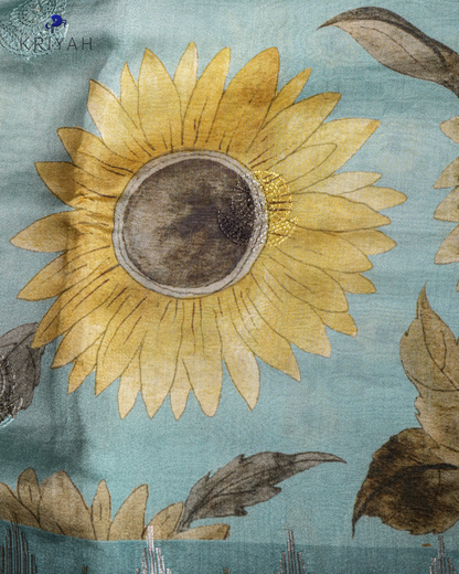 AQUA BLUE CHANDERI SILK SAREE WITH DAISY PRINT