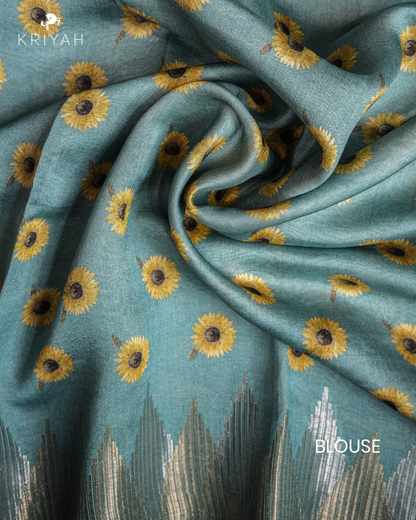 AQUA BLUE CHANDERI SILK SAREE WITH DAISY PRINT
