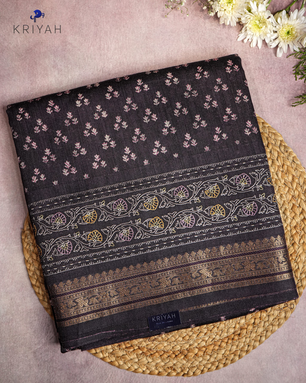 PLUM - FLORAL BUTTI AND ZARI BORDER CHANDERI SILK SAREE