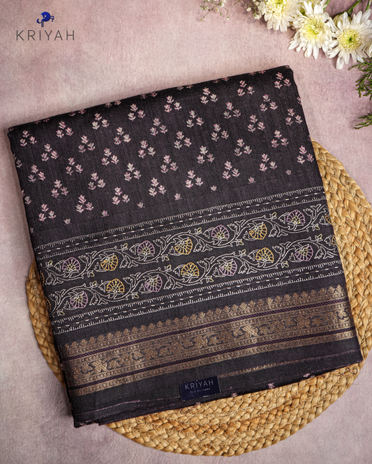 PLUM - FLORAL BUTTI AND ZARI BORDER CHANDERI SILK SAREE