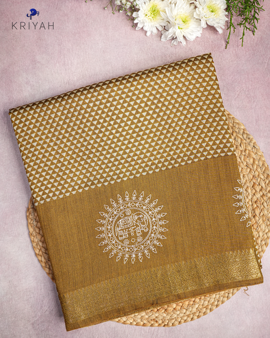 OLIVE MEDALLION ELEPHANT MOTIF CHANDERI SILK SAREE