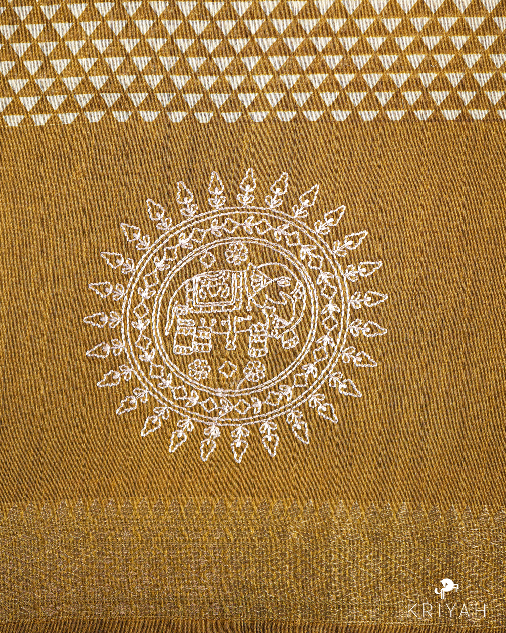 OLIVE MEDALLION ELEPHANT MOTIF CHANDERI SILK SAREE