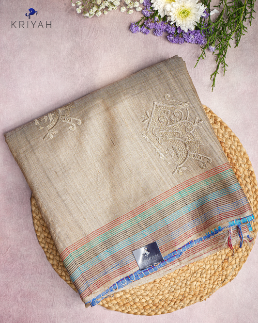 TUSSER SAREE WITH MULTI COLOUR STRIPES EMBROIDERY - KHAKI