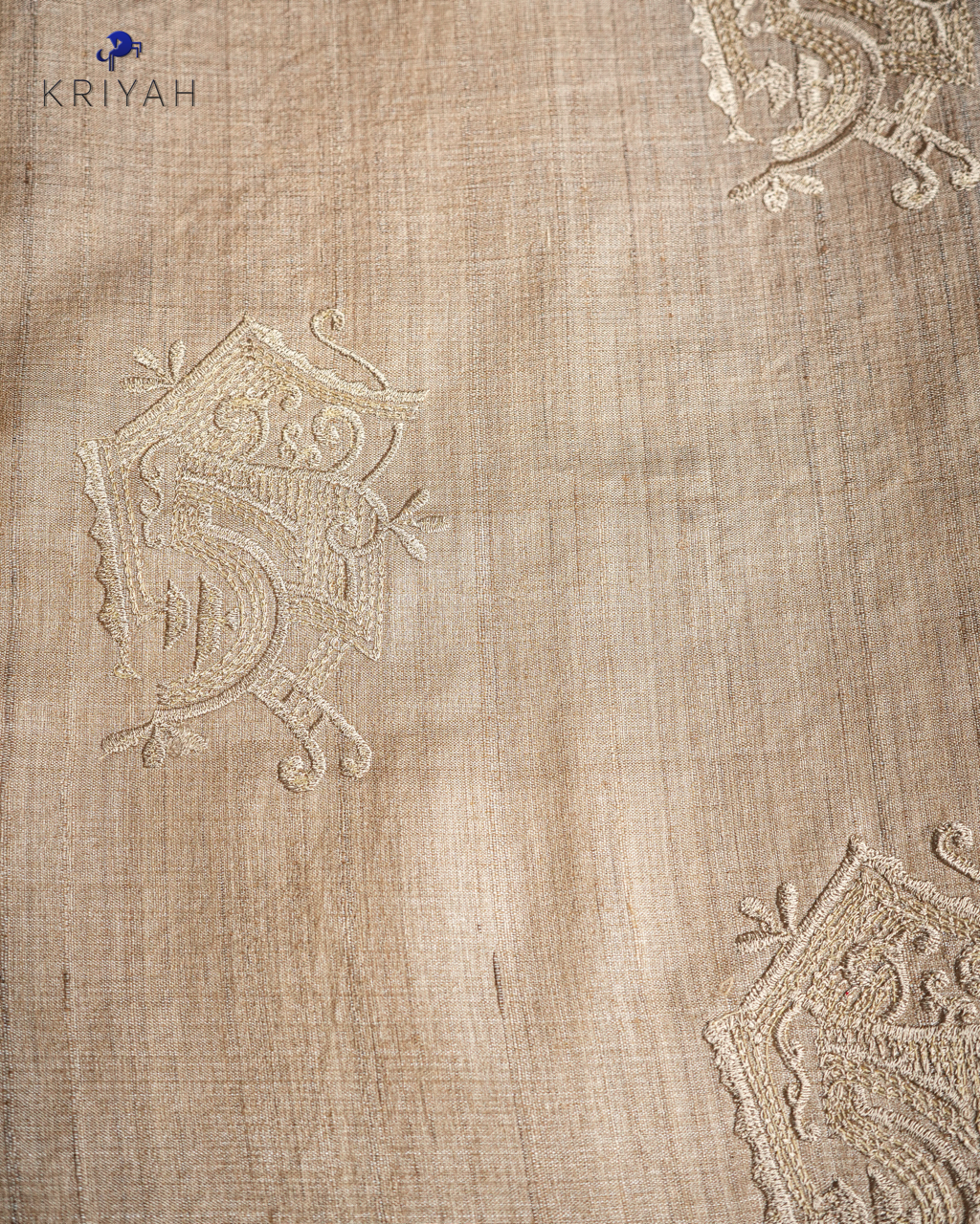 TUSSER SAREE WITH MULTI COLOUR STRIPES EMBROIDERY - KHAKI